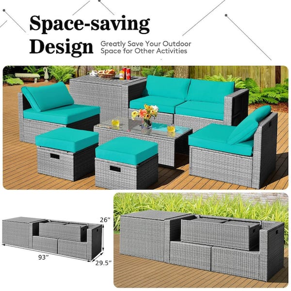 8-Piece Wicker Patio Conversation Set with Turquoise Cushions and Storage Waterproof Cover