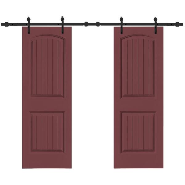 CALHOME 36 in. x 80 in. Camber Top in Maroon Stained Composite MDF Split Sliding Barn Door with Hardware Kit
