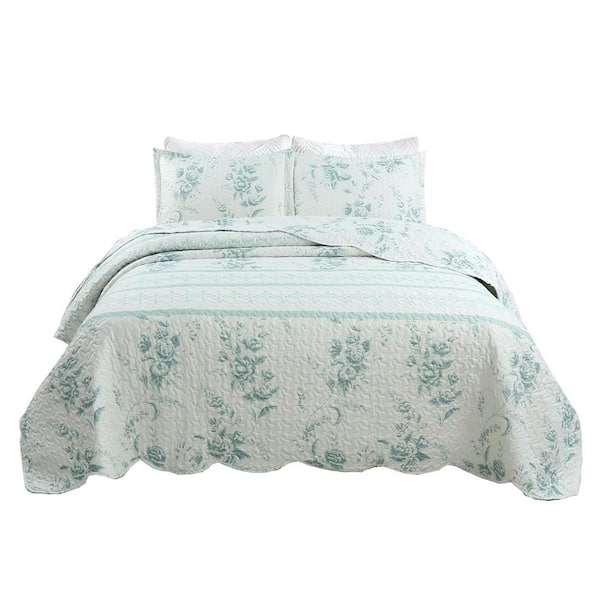 C78 3-Pieces Green Quilt Set Polyester Lightweight Bedspread King Quilt Set