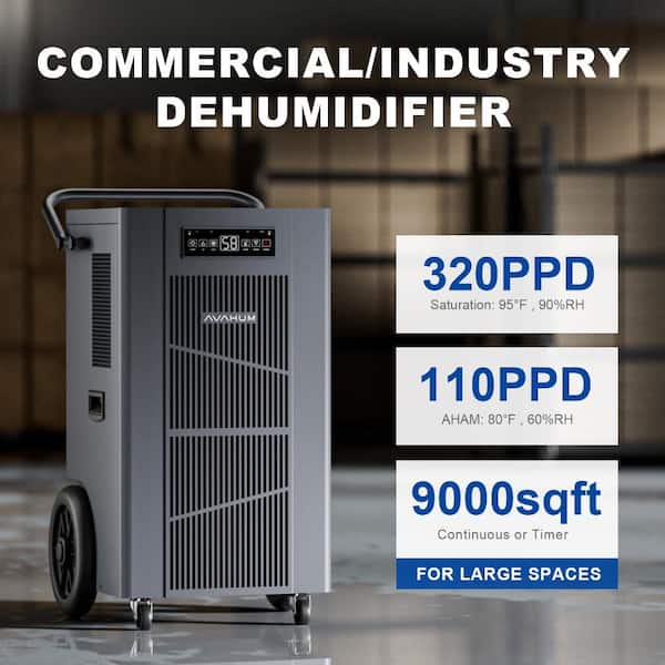 320 pt. 9000 sq.ft. Commercial Dehumidifier with Pump for Large Spaces, Warehouse, Grow Room, Water Damage Restoration
