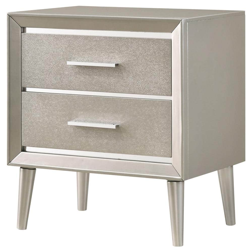 Elegant Transitional 2-Drawer Nightstand in Metallic Silver with Tapered Legs