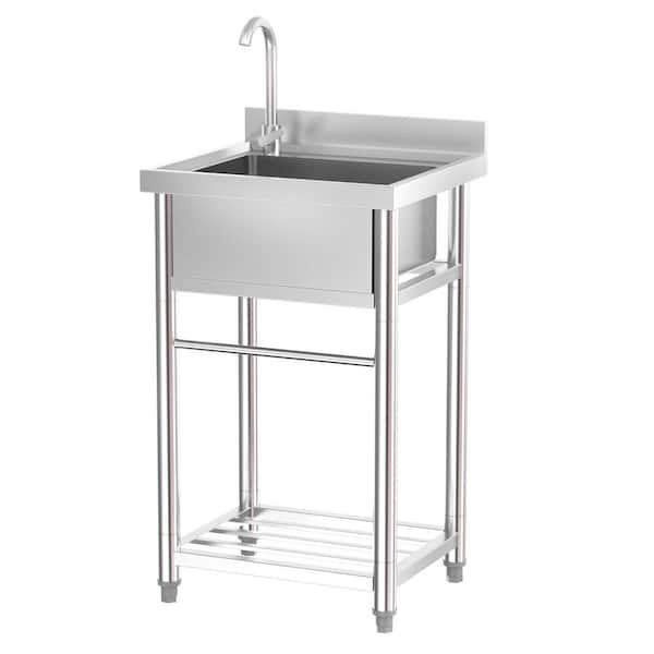 21.6 in. Freestanding Single Basin Laundry/Utility Sink in Stainless Steel with Storage Shelves