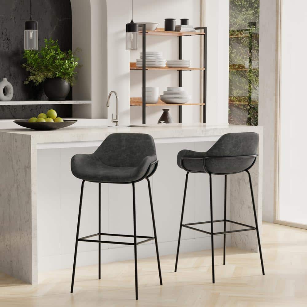 Mira Distressed Slate Grey Faux Leather Bar Stool with Metal Frame
