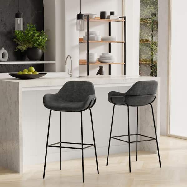 Simpli Home Mira Contemporary Bar Stool in Distressed Slate Grey Vegan Faux Leather