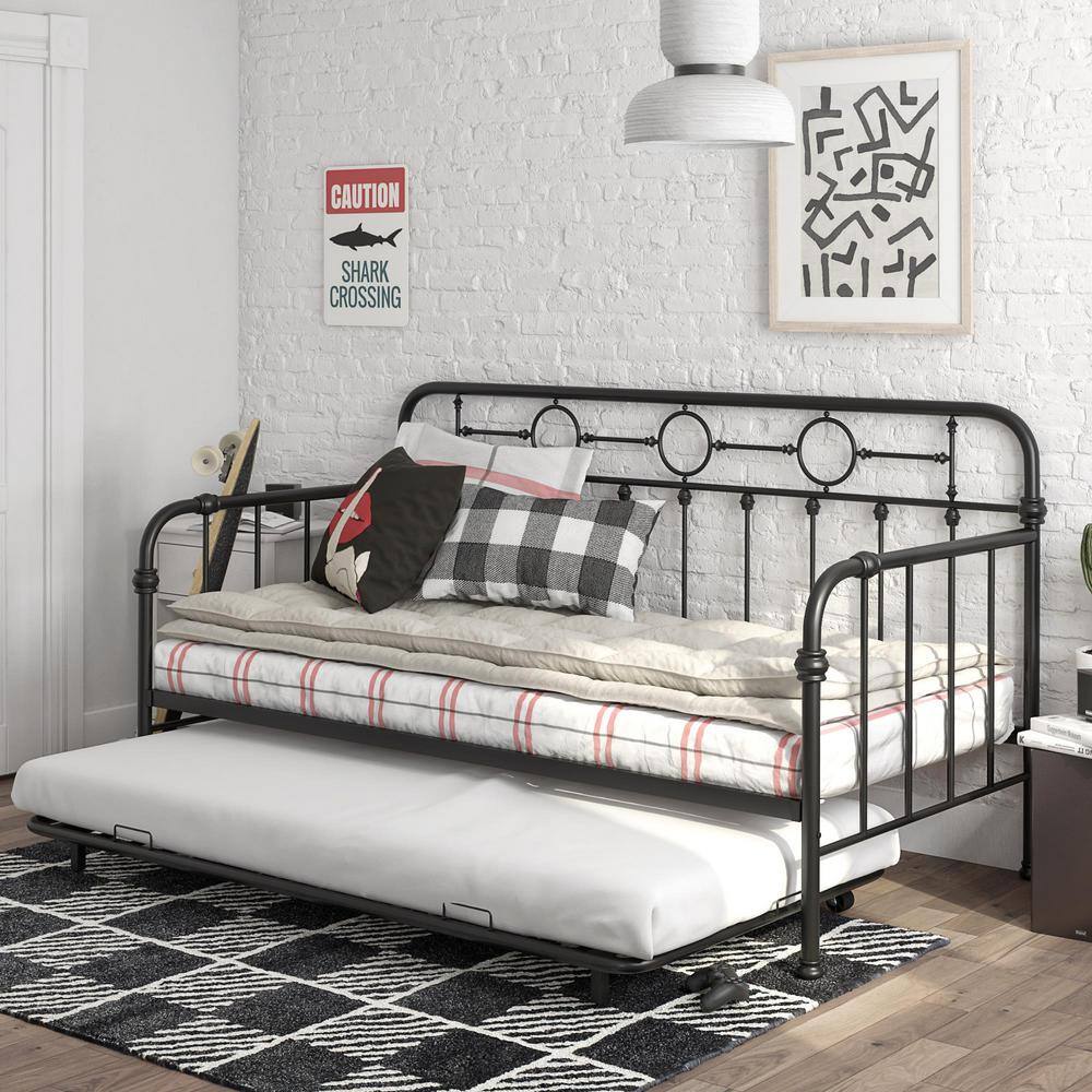 Twin Black Metal Daybed with Trundle and Drawer