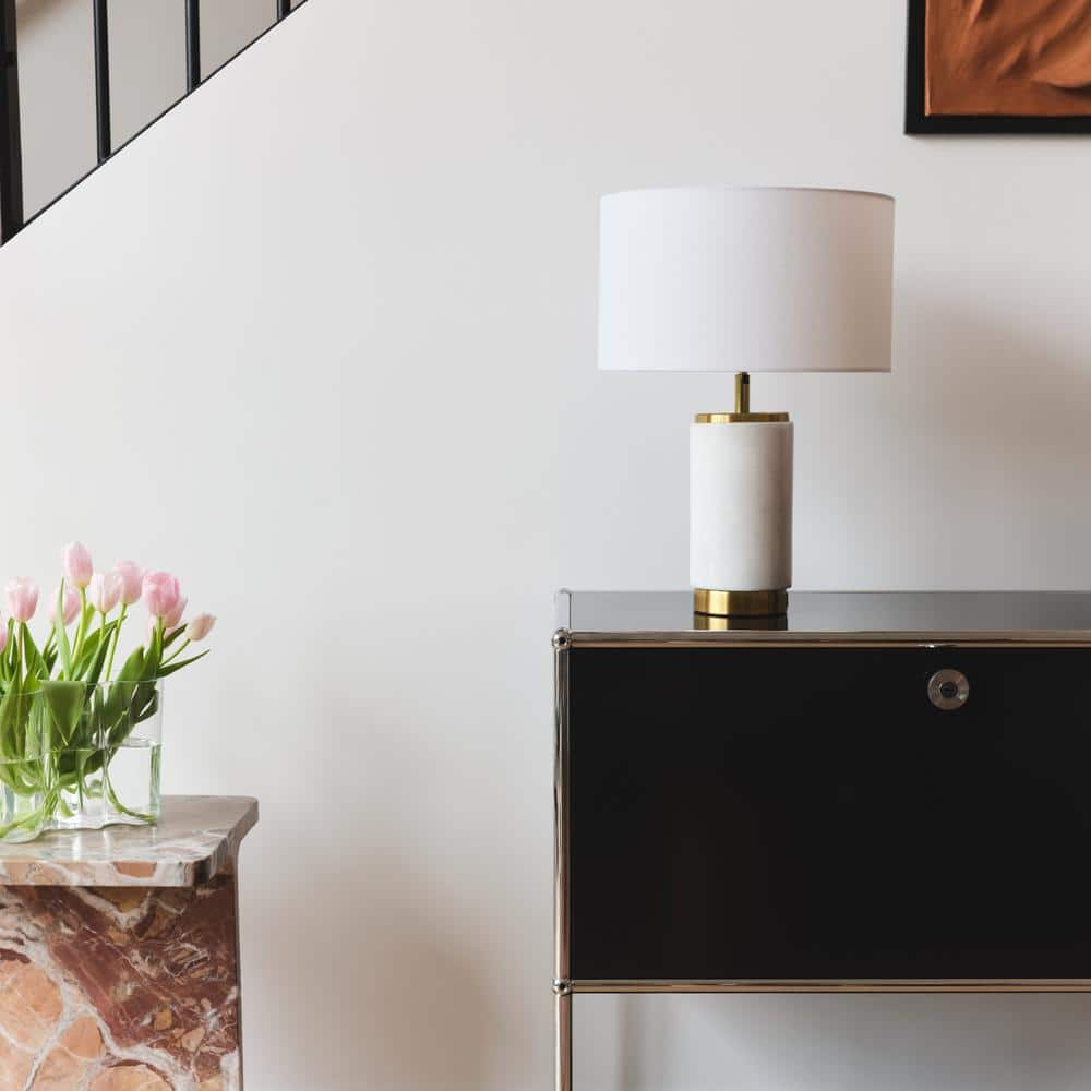 White Marble LED Table Lamp with USB Port and Brass Accents