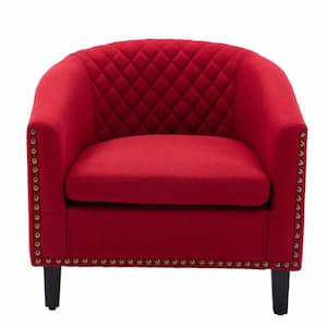 Accent Barrel Chair Living Room Chair with Nailheads and Solid Wood Legs Red Linen (set of 1)