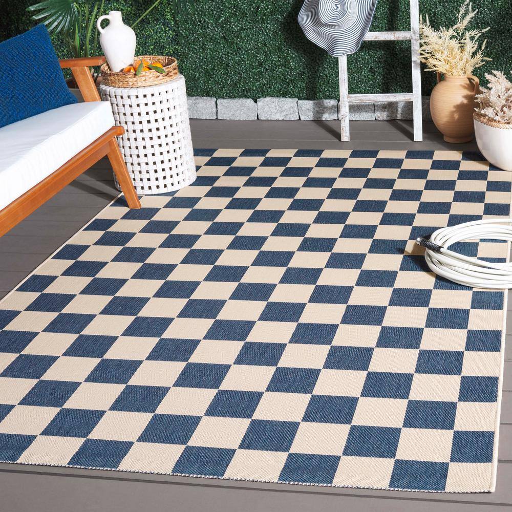 Blue and Beige Checkered Indoor/Outdoor Area Rug 4' x 5'7"
