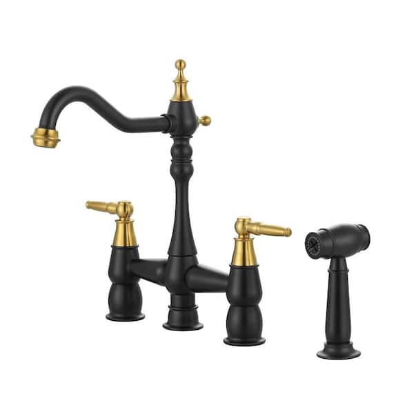 Quaint Double Handle Vintage Bridge Kitchen Faucet-Side Spray in Gold and Black