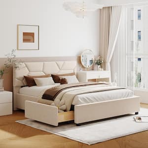 Beige Wood Frame Queen Size Linen Upholstered Platform Bed with Brick Pattern Headboard and 4-Drawers
