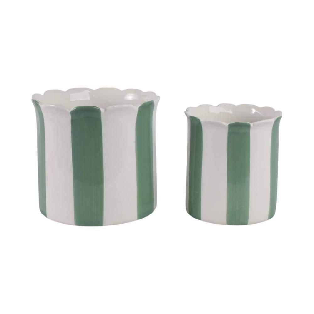 6 in. and 8 in. White/Green Ceramic Circle Striped Scallop Edge Decorative Planters (Set of 2) price history on PriceWatchPro