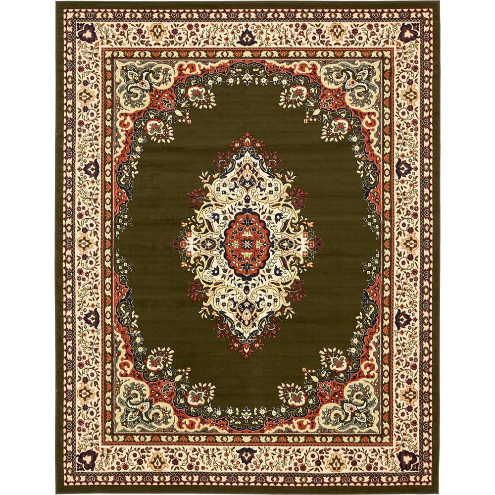 Olive Green and Cream Medallion Synthetic 9' x 12' Area Rug