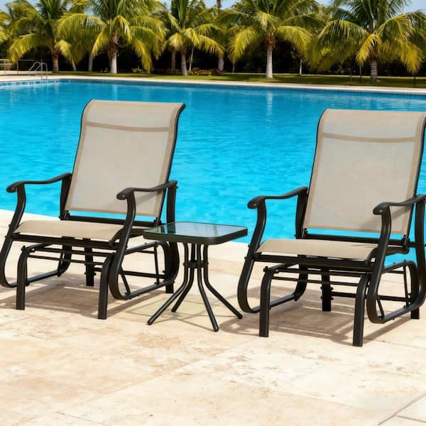 3-Piece Brown Outdoor Bistro Set w/ 2 Black Steel Frame Mesh Gliding Chairs (330 lbs. Capacity) and Tempered Glass Table