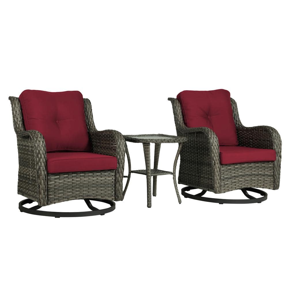 Uixe Wicker Rattan Gray Patio Outdoor Rocking Chair Swivel with Red ...