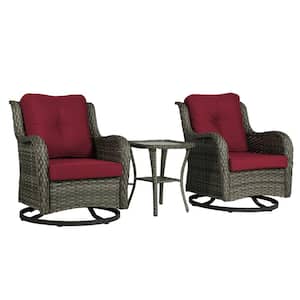 Wicker Rattan Gray Patio Outdoor Rocking Chair Swivel with Red Cushions and Side Table (Set of 2)