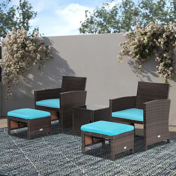 ANGELES HOME 5-Piece Wicker PE Rattan Patio Conversation Set with Ottoman and Tempered Glass Coffee Table and Turquoise Cushion