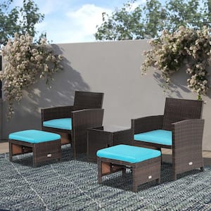 5-Piece Wicker PE Rattan Patio Conversation Set with Ottoman and Tempered Glass Coffee Table and Turquoise Cushion