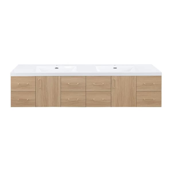 MinimalGrace 84 in. Double Sink Floating Oak Bath Vanity with White Resin Top