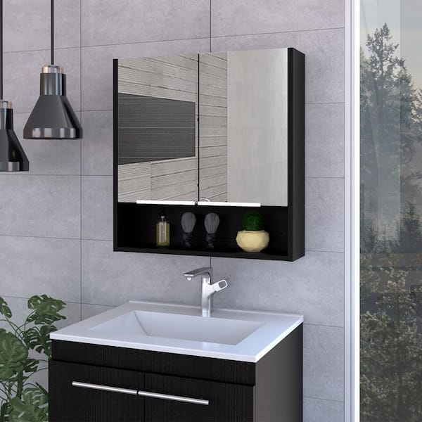 Aoibox 23.6 in. W x 24.6 in. H Rectangular Wood Medicine Cabinet with Mirror, 3 Internal Shelves in Black Wengue