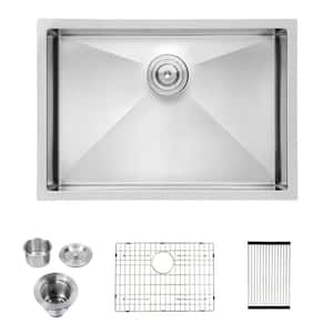 26 in. Undermount Single Bowl 16 Gauge Brushed Nickel Stainless Steel Kitchen Sink with Dish Grid and Drying Rack