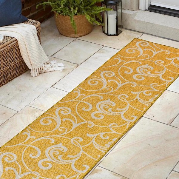 Maribel Yellow/Cream 2 ft. x 8 ft. Traditional Classic All-Over Scroll Indoor/Outdoor Runner Rug
