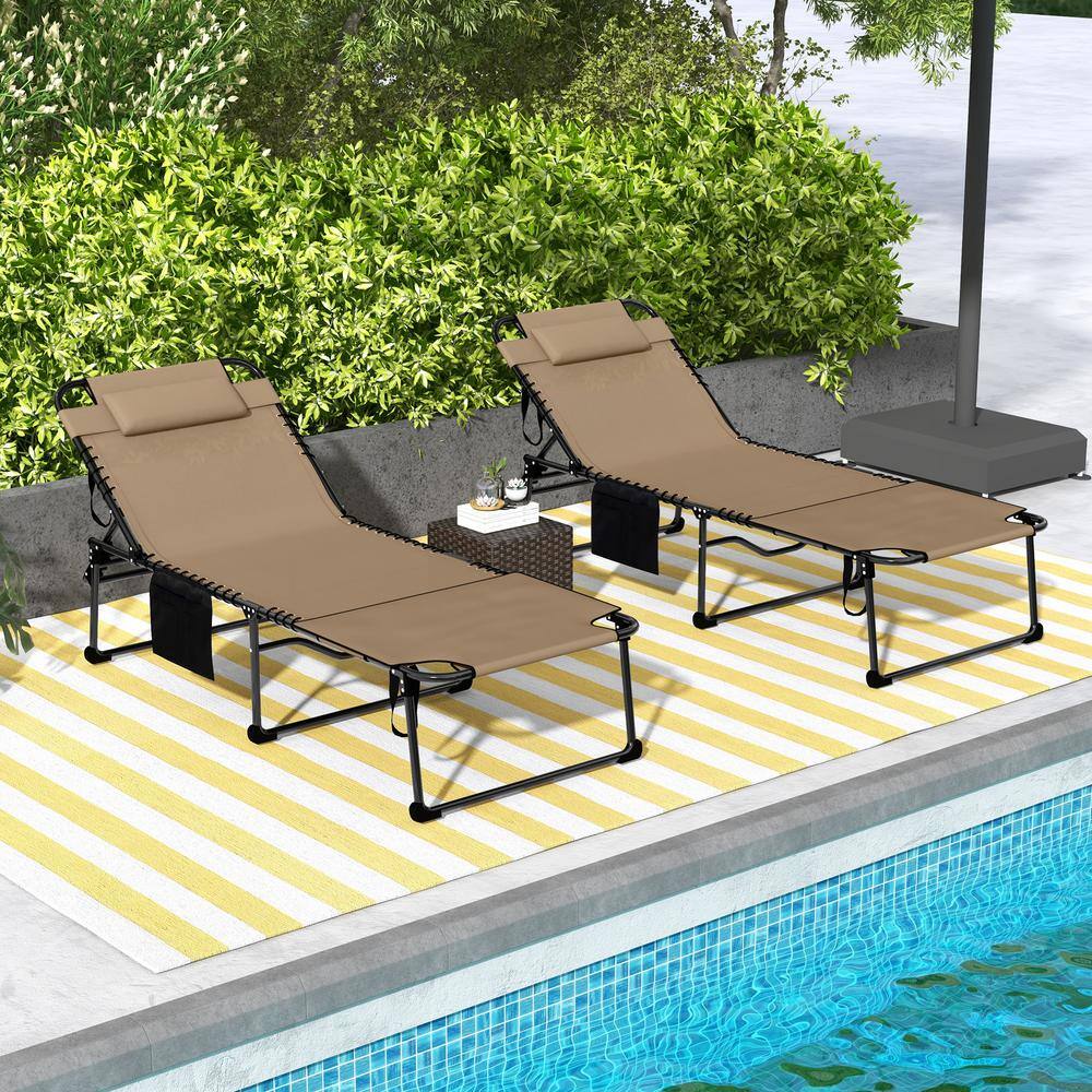 AFAIF 2 Piece Folding Chaise Lounge with 5-level Reclining Back, Outdoor Tanning Chair with Reading Face Hole, for Beach-Brown