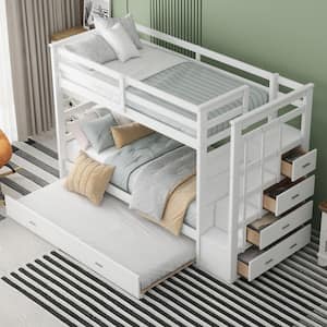 White Twin Over Twin Bunk Bed with Trundle and Staircase