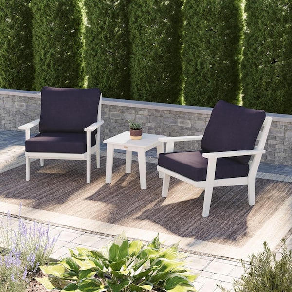 POLYWOOD Grant Park White 3-Piece Deep Seating Set with Navy Linen Cushions