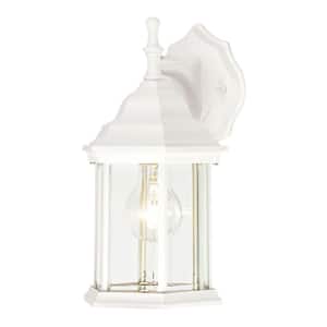 1-Light Textured White on Cast Aluminum Exterior Wall Lantern Sconce with Clear Beveled Glass Panels