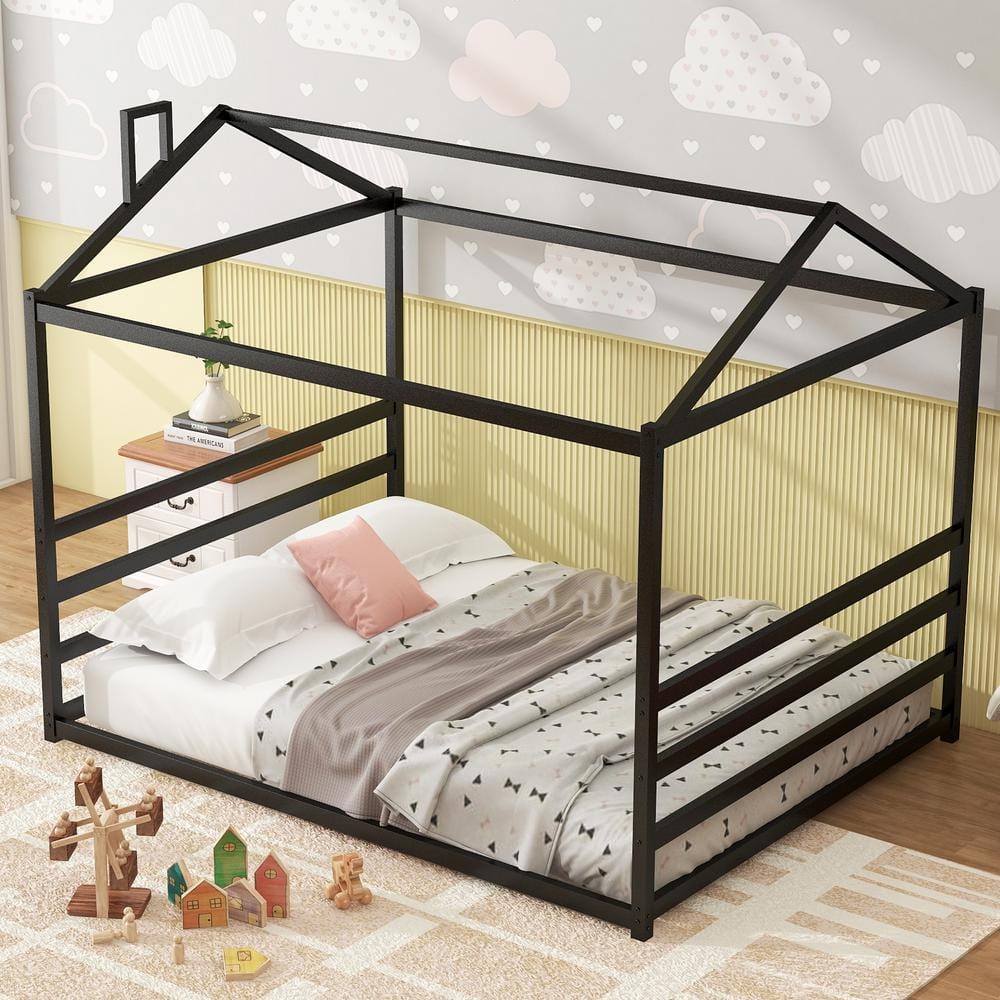 Harper & Bright Designs Black Metal Frame Queen Size House Shape ...