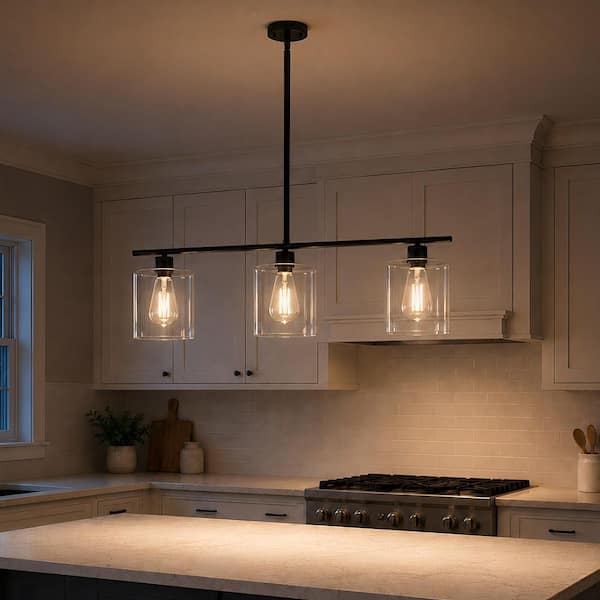 3-Light Matte Black Modern Kitchen Island Light fixtures,Linear Chandelier Pendant Hanging Light with Clear Glass Shade