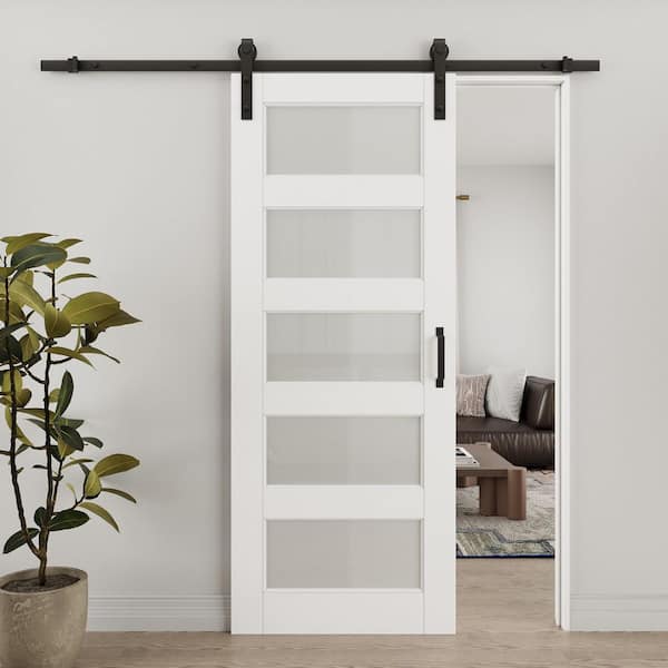 32 in. x 80 in. 5-Lite Tempered Frosted Glass White Primed MDF Sliding Barn Door with Hardware Kit (Soft Close Include)