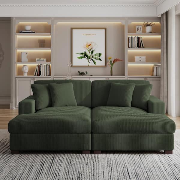 83 in. Square Arm Green Corduroy Fabric Upholstered Sectional Sofa With Four Pillows And Wood Leg