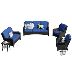 Mercury Brown 5-Piece Wicker Patio Conversation Seating Set with Navy Blue Cushions