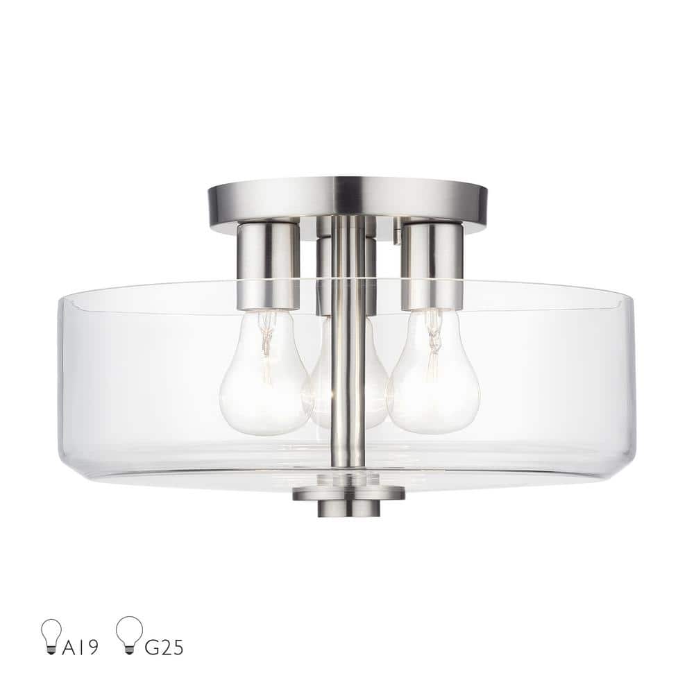Whitworth 14.5 in. 3-Light Brushed Nickel Semi Flush Mount with White Clear Glass price history on PriceWatchPro