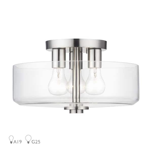 Whitworth 14.5 in. 3-Light Brushed Nickel Semi Flush Mount with White Clear Glass