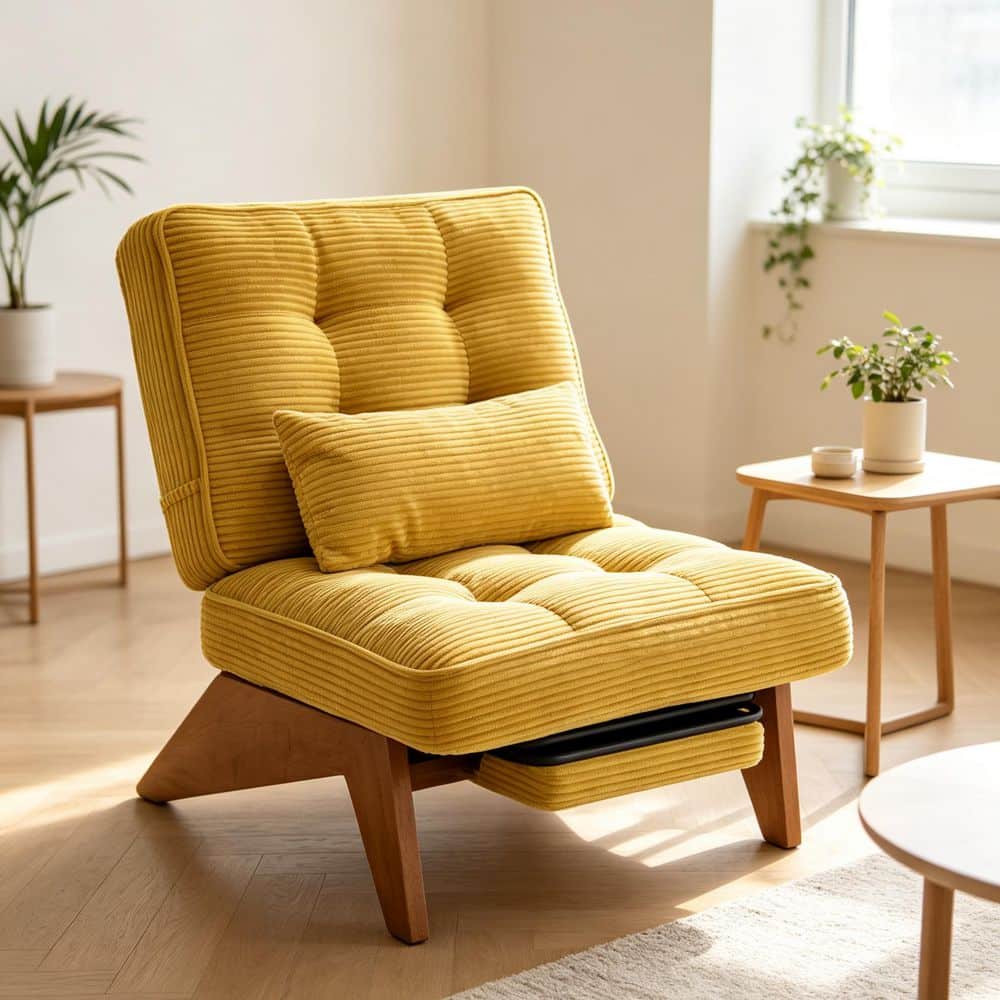 Modern Yellow Corduroy Upholstered Chaise Lounge Accent Wingback Chair with Adjustable Backrest and Retractable Footrest