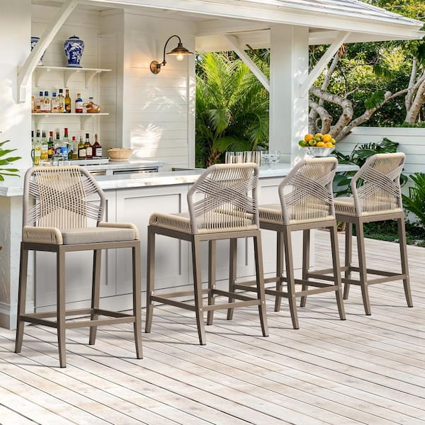 Shanks Rattan Aluminum Frame Yellow Gray Boho Counter Height Outdoor Bar Stool with Woven Rope Back (Set of 4)