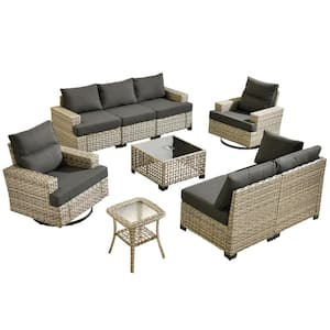 Kelleys 9-Piece Wicker Outdoor Patio Conversation Sofa Sectional Furniture Set with Swivel Chairs and Black Cushions