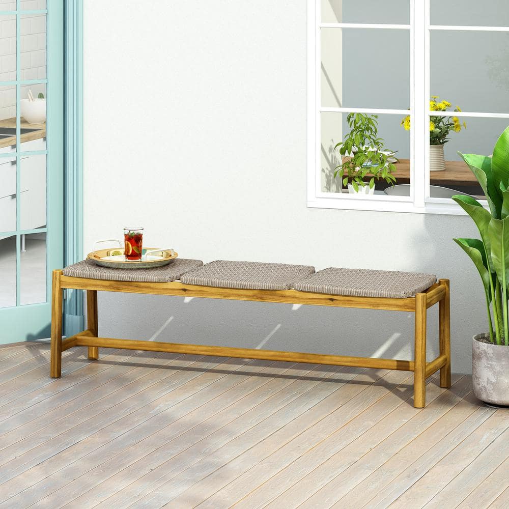 Rustic Teak Finish Acacia Wood & Wicker Outdoor Bench