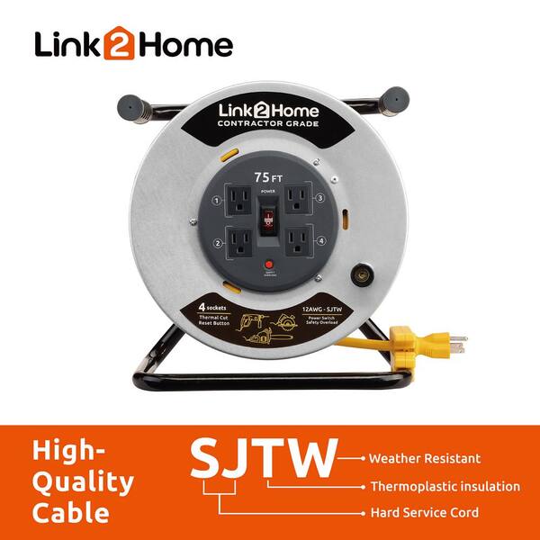 Link2home 75 Ft 12 3 Extension Cord Storage Reel With 4 Grounded Outlets And Overload Circuit Breaker Em Cg 750 N The Home Depot