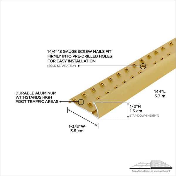 1-3/8"X 144" SATIN BRASS ALUMINUM CARPET GRIPPER W/TEETH HAMMERED