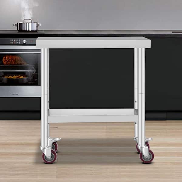 VEVOR Stainless Steel Restaurant Table 29.9 x 11.8 x 33.9 in. Stainless Steel Cart with Brake Kitchen Utility Tables,Silver