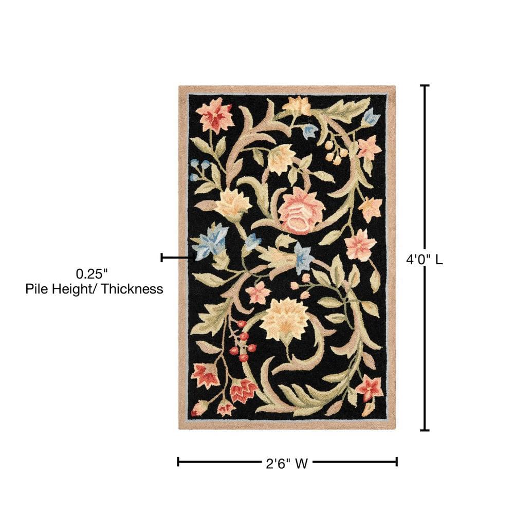 Handmade Black Floral Wool Reversible Rectangular Rug, 2'6" x 4'