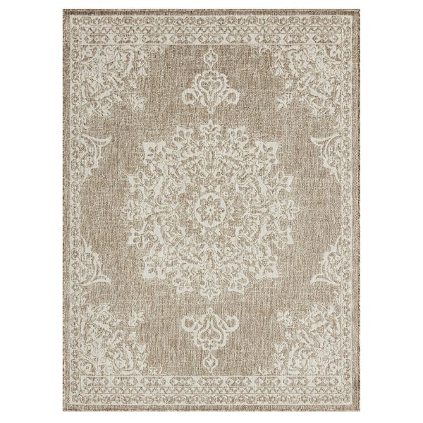 Nicole Miller Patio Country Azalea Taupe/Ivory 6 ft. x 9 ft. Medallion Indoor/Outdoor Area Rug