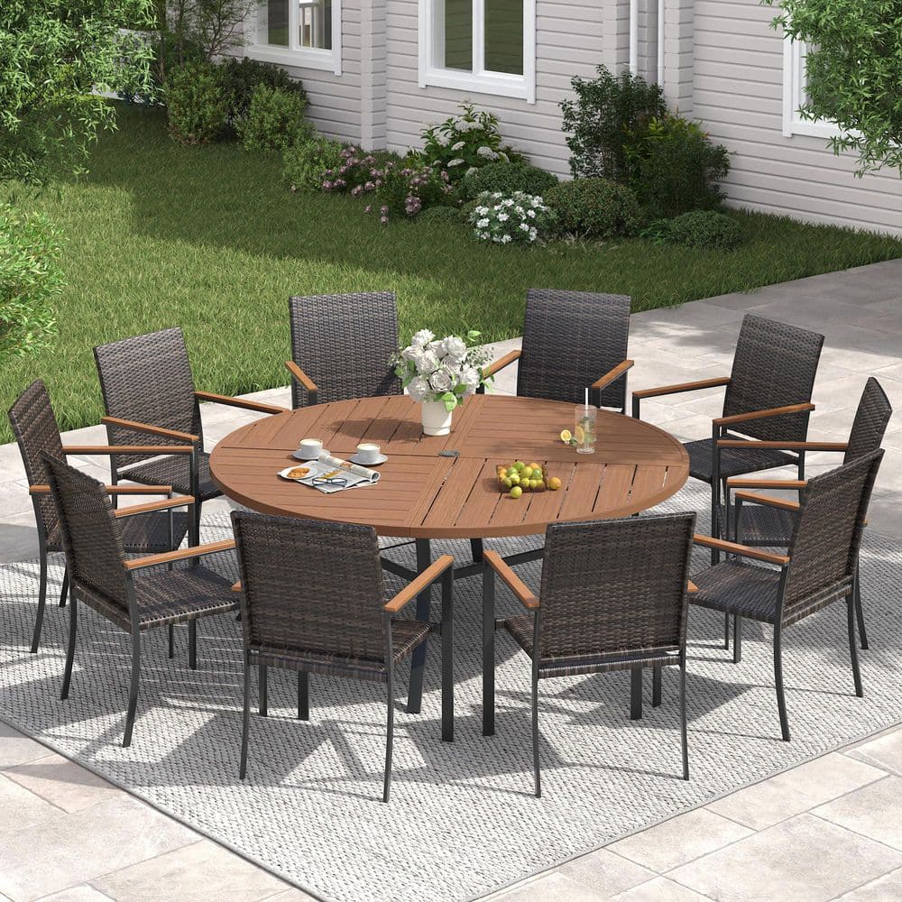 11-Piece Metal Outdoor Dining Set with 59.8 in. Walnut Round Dining Table and 10 Wicker Stackable Dining Chairs in Brown price history on PriceWatchPro
