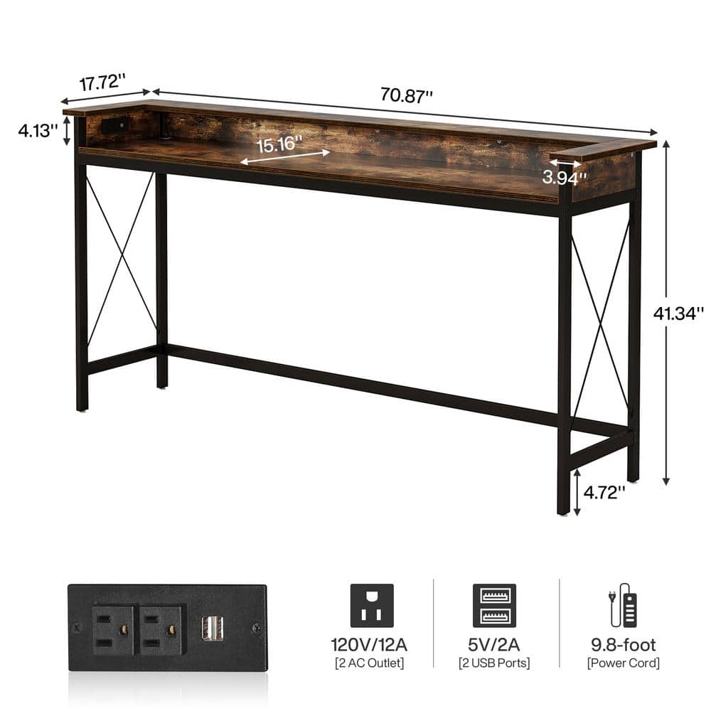 Brown Wood and Metal Console Table with Charging Ports, 70.9 inch