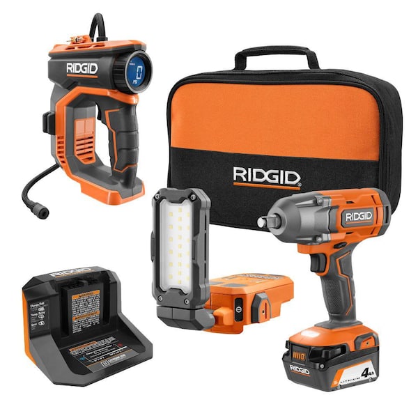 18V Cordless Automotive Kit w/ Digital Inflator, 1/2 in. Impact Wrench, Magnetic Task Light, 4.0 Ah Battery, and Charger