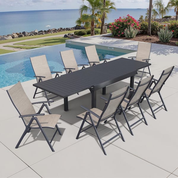 9-Piece 106in. Aluminum Rectangle Patio Outdoor Dining Set, Extension Table and Esspreso Adjustable Backrest Metal Chair
