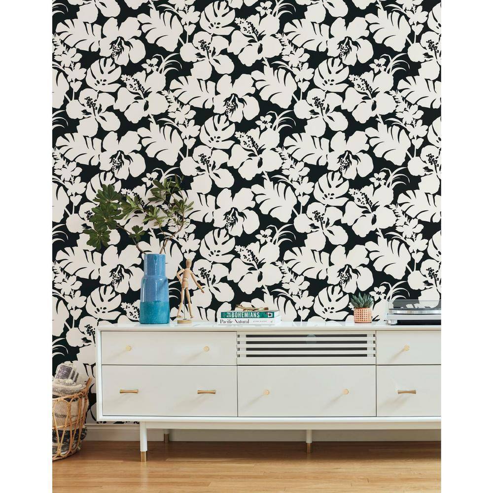 Black and White Vinyl-Coated Tropical Floral Wallpaper